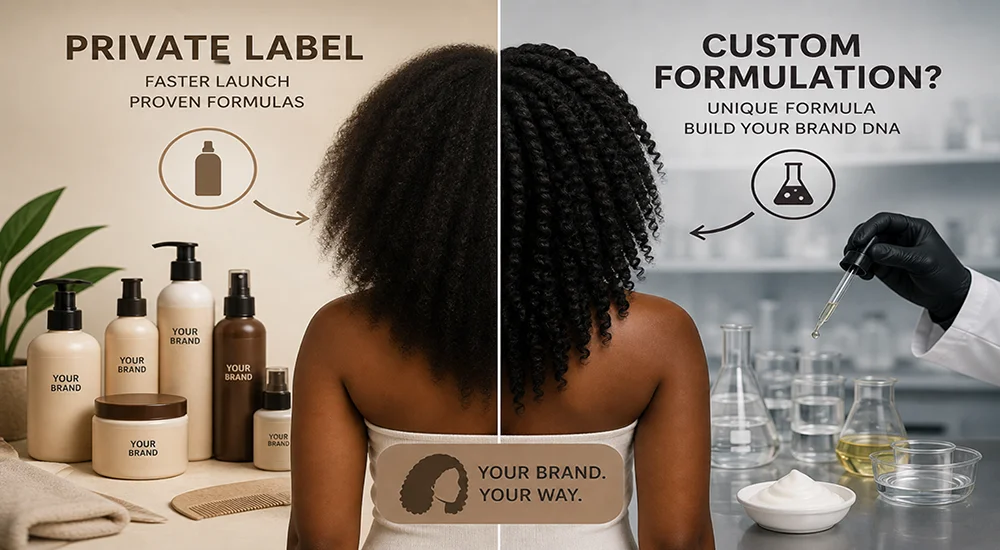 A split-screen image comparing private label cosmetics with ready-to-launch packaging on one side, and custom formulation with a laboratory setting on the other, featuring a woman with natural hair in the center.